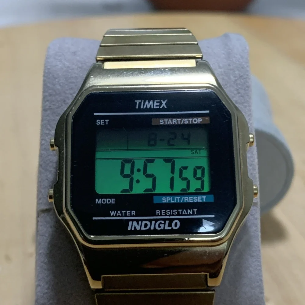 Timex Gold Digital Watch T78677 Classic Retro Indiglo Chronograph Men's Run MINT
